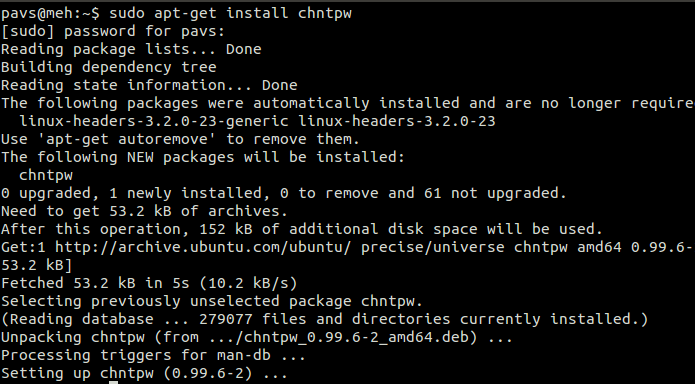 chntpw Terminal output of 'sudo apt-get install chntpw' completing the package installation