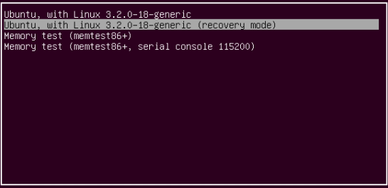 GRUB boot menu with the Ubuntu recovery mode entry highlighted