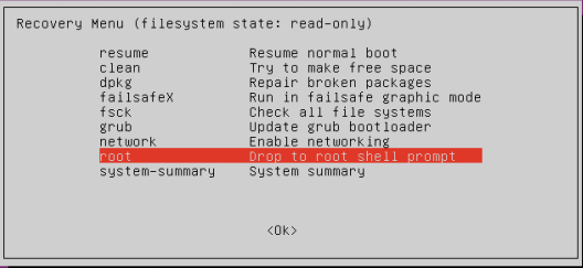 Ubuntu recovery menu with the 'root — Drop to root shell prompt' option highlighted