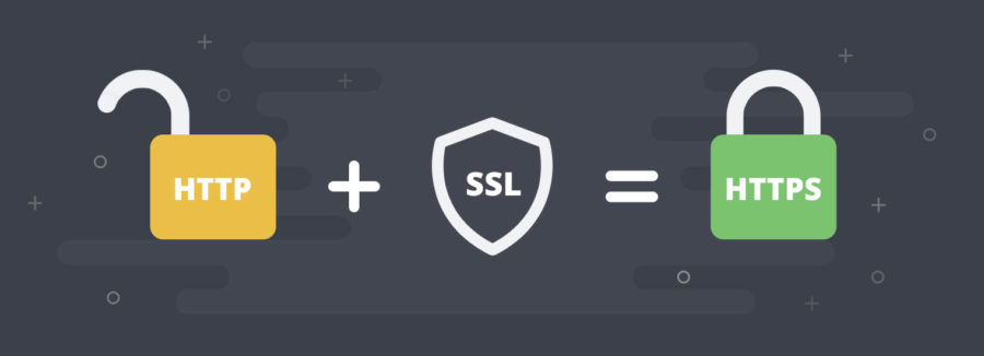 Diagram: an open padlock labelled HTTP plus an SSL shield equals a closed padlock labelled HTTPS