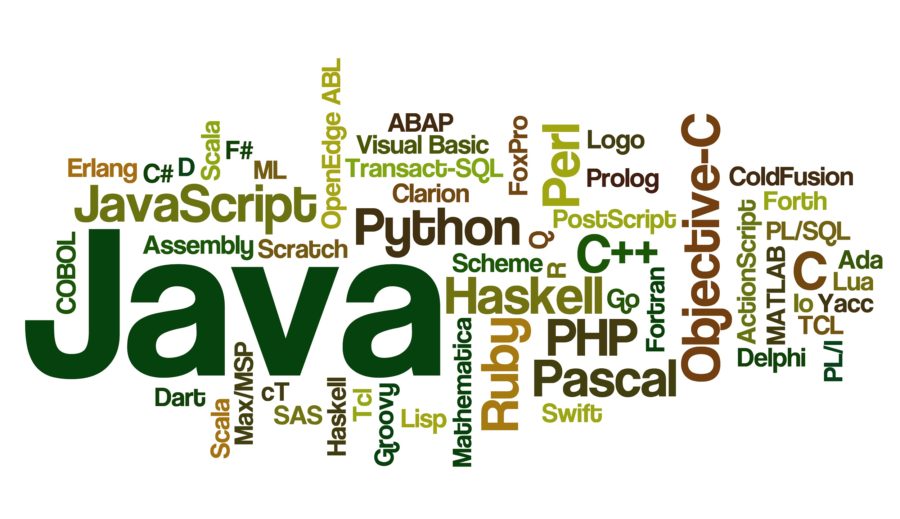 Word cloud of programming language names, with Java, JavaScript, Python and C++ largest